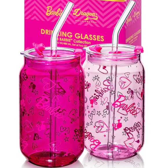 Barbie Other - Barbie Dragon Glassware 16 oz Can Glasses Pink Set Two New in Box